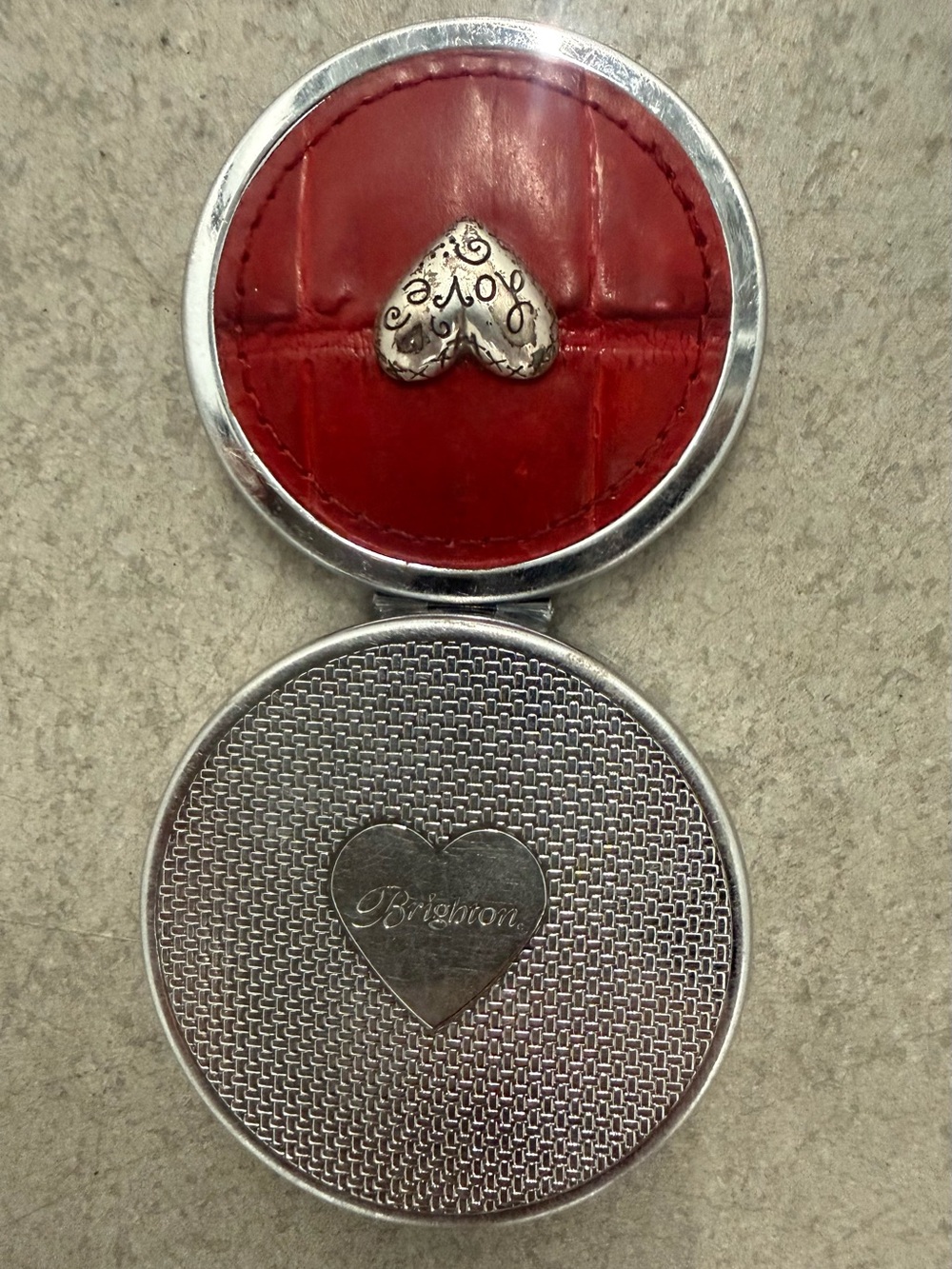 $20 FIRM Brighton Pill Box Silverplate w Faux Red Leather Croc and Heart